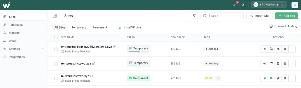 InstaWP Review - Main Dashboard